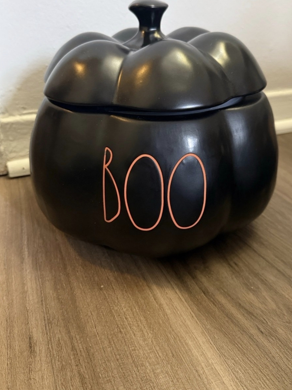 Rae Dunn Black Ceramic Pumpkin Jar with Pink 'BOO' Lettering